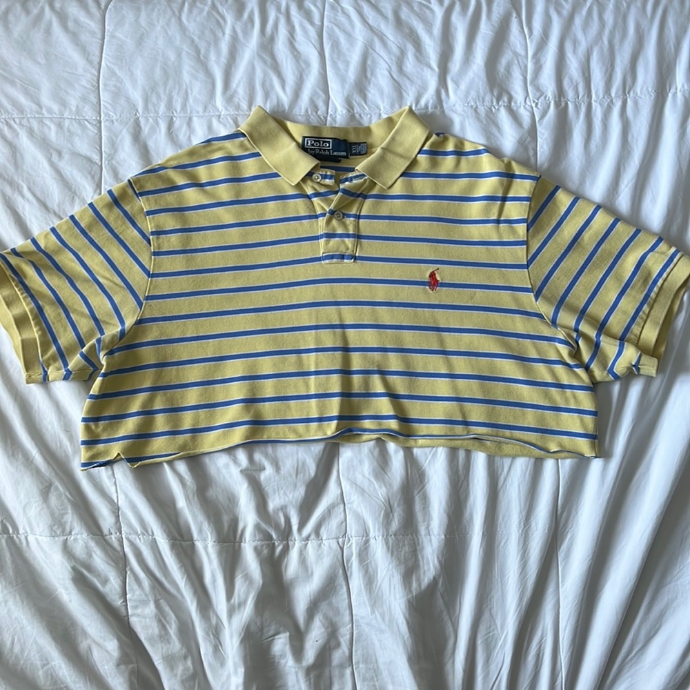 Vintage Polo by Ralph Lauren Self-Cropped Yellow & Blue Striped Collared T-Shirt